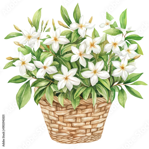 Star Jasmine Bouquet In A Basket A, watercolor painting with colorful accents, isolated on a white background.