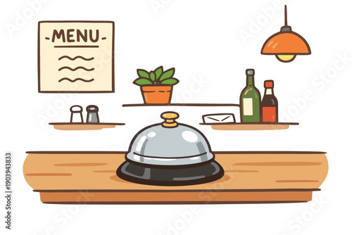 Cartoon restaurant counter with bell and shelves of bottles and menu