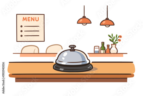 Cozy cafe interior with menu board, bell, and bar decor