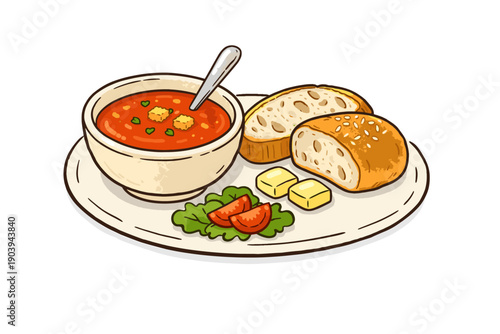 Tomato soup and bread with butter and salad on plate