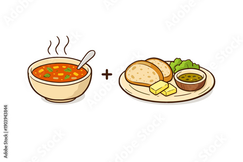 Delicious soup and bread combo with butter and olive oil on white background