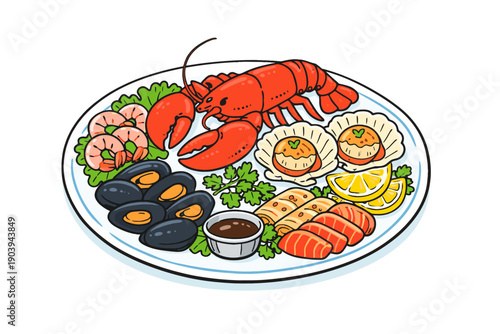 Seafood platter with lobster, shrimp, scallops, and mussels garnished with herbs and lemon