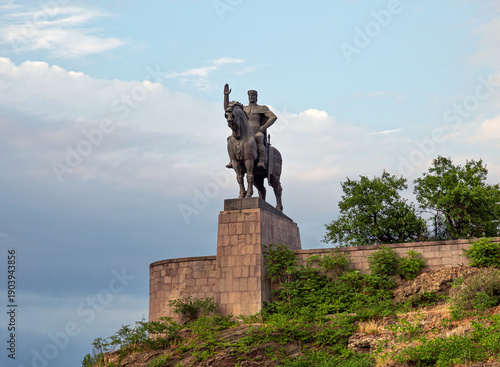 Statue of King Vakhtang Gorgasali and Metekhi Church in Tbilisi, Georgia.
