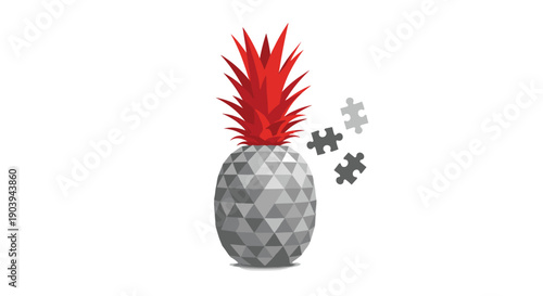 A polygonal gray pineapple with a red top and scattered puzzle pieces represents a complex structure, a unique idea, or a puzzling concept.