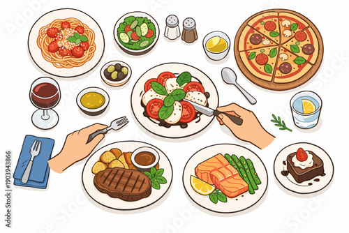 Diverse italian cuisine with pizza, pasta, and caprese salad