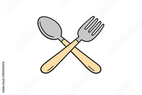 Crossed spoon and fork icon with wooden handles on white background