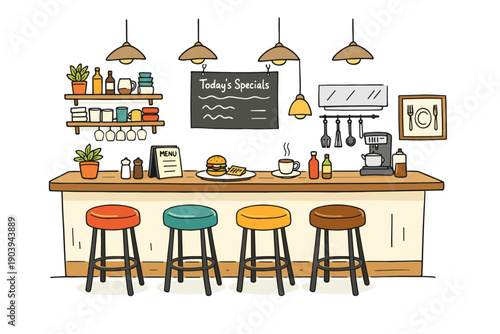 Cozy cafe interior with colorful stools and chalkboard specials