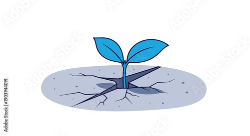 A small blue plant sprouts from cracked ground, symbolizing growth, resilience, and new beginnings in difficult conditions.
