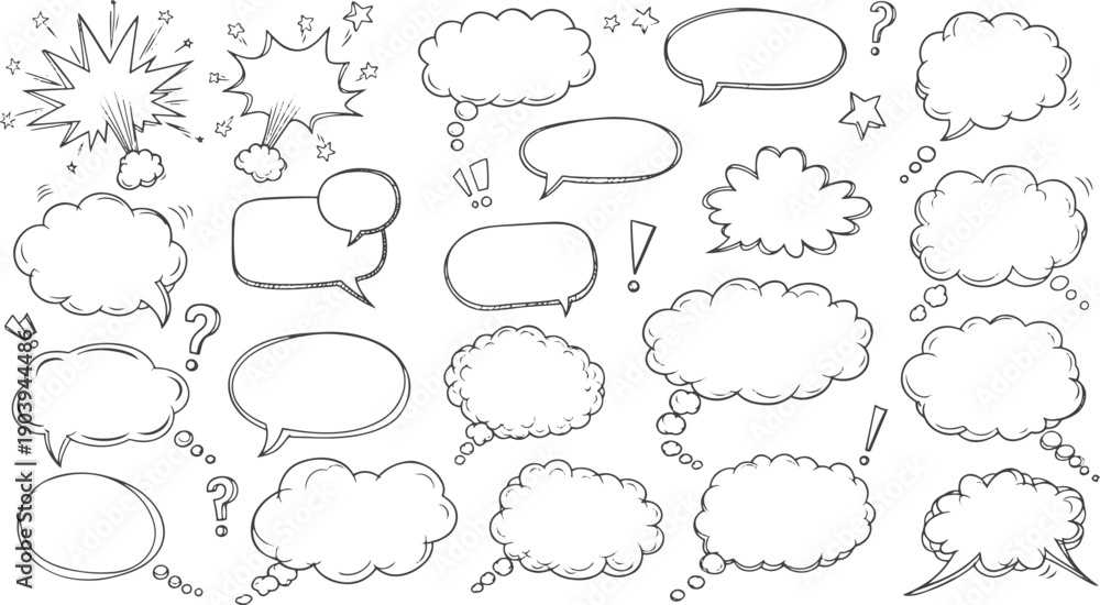 Fototapeta premium Hand Drawn Speech & Thought Bubble Doodle Set