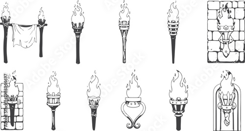 Torch Fire & Flame Silhouette Icons Set