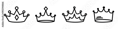 Hand drawn sketch crowns collection in doodle outline style. Simple black line royal elements with naive hand drawn look. Crown icons set isolated vector illustration.