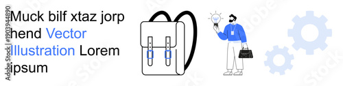 Innovation, education, problem-solving, business ideas, teamwork, creativity. A man holding a light bulb and briefcase beside a backpack and gear icons. Innovation and problem-solving concept