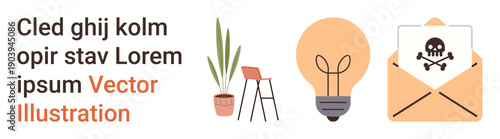 Office environment, creativity, cybersecurity, workspace management, digital threats, productivity. A plant, chair bulb and envelope with a skull symbol. Cybersecurity and workspace