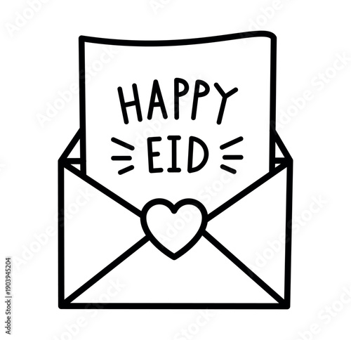 Vector outline doodle illustration of an envelope with heart and Happy Eid greeting. Minimal black contour style, festive Islamic design for Eid al Fitr and Eid al Adha cards and decorations.