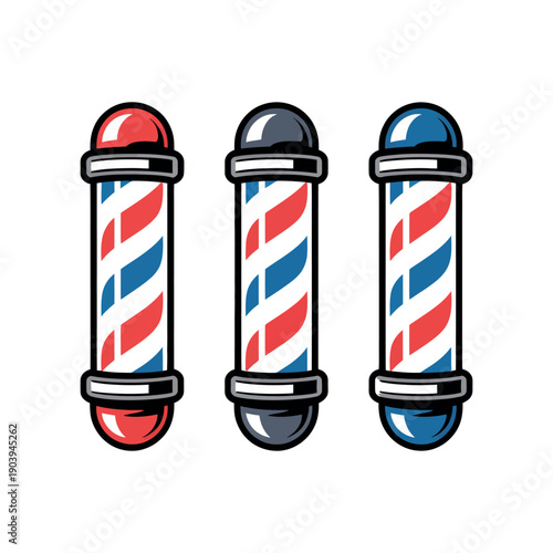 Three colorful barber poles standing upright on a white background