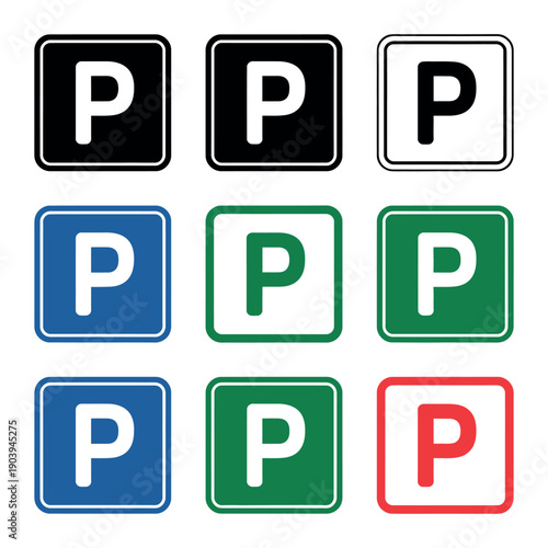 A collection of colorful parking signs with the letter P on a white background