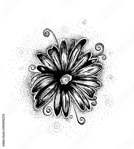 Flower tattoo design hand-drawn in pen and ink with dotwork pointillism 