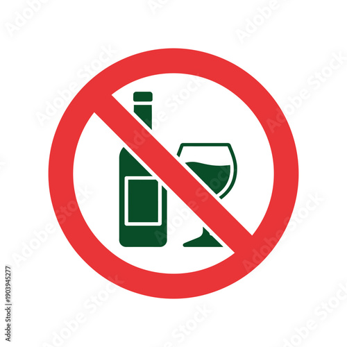 A red prohibition sign featuring a wine bottle and glass on a white background