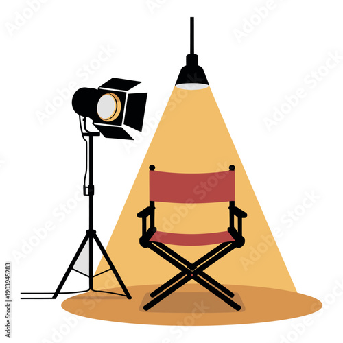 A director's chair sits under a spotlight on a film set, ready for action.