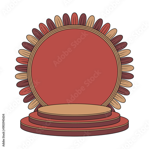 A colorful illustration of a round podium with a sunburst design on a white background