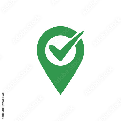 A green location icon with a checkmark on a white background
