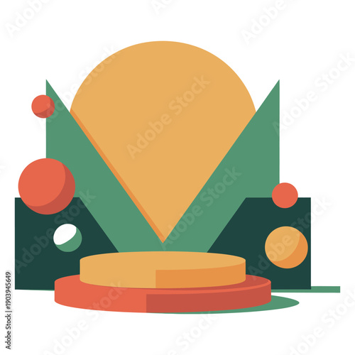 A colorful abstract illustration of a podium with geometric shapes and vibrant colors on a white background