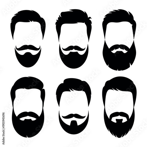 A set of black and white illustrations of different men's beards and hairstyles on a plain white background.