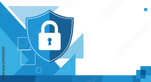 Digital security shield with padlock icon and abstract blue geometric background