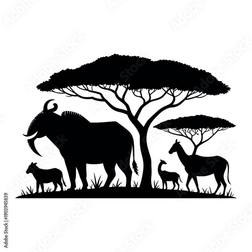 A black silhouette of African wildlife, including an elephant, giraffe, and calf, standing under trees on a white background.