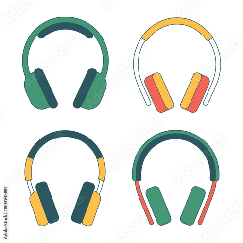 A colorful illustration of four different headphones on a white background