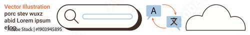 Search engine, translation tools, web search, cloud data, digital interface, online services. Search bar, translating icons and cloud outline. Search engine and translation tools concept