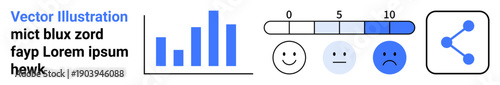 Data visualization, user feedback, business analytics, emotional ratings, social sharing, progress tracking. Bar chart with increasing values, mood scale sharing icon. Data visualization and user