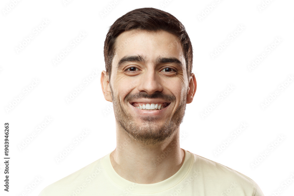 Obraz premium Close up shot of young smiling man isolated on pink background