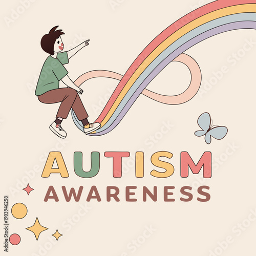 Autism Awareness Child on Rainbow Infinity Symbol - Neurodiversity