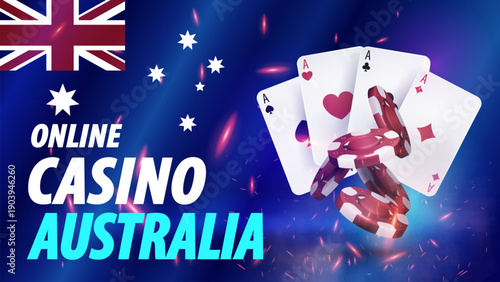 Online casino in Australia, blue banner with a flag of Australia on background and a deck of cards with the poker chips