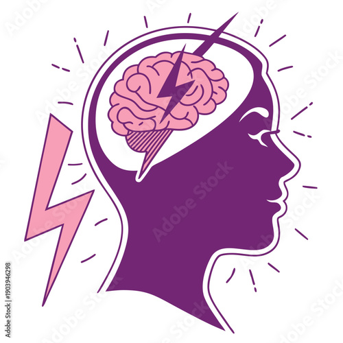 Head Silhouette with Lightning Bolt Brain - Migraine or Idea Concept