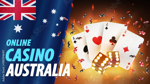 Online casino in Australia, banner with a flag of Australia, playing cards and dice in orange scene with sparks of fire