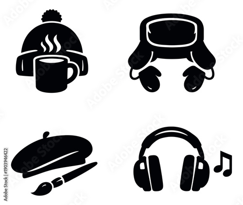 Modern silhouette icons set featuring winter clothing, art tools, and music accessories for lifestyle and seasonal activities