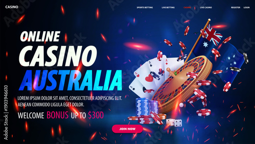 Online casino in Australia, blue banner for website with a Casino Roulette wheel with poker chips, playing cards and flag of Australia in blue scene with sparks of fire