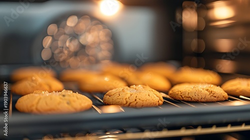 Warm golden light fills the oven as cookies bake on a tray. The cookies are golden brown, creating a sense of warmth in the kitchen during baking time