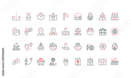 Country regions and territory, population of citizens and language, patriotism line icon set. Democracy, monarchy, dictatorship, constitution thin black and red outline symbols vector illustration