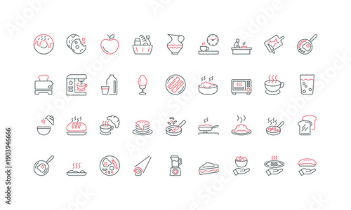 Breakfast time and dish, cafe and buffet menu meals, healthy nutrition line icon set. Coffee and juice, sandwich and pancake thin black and red outline symbols vector illustration