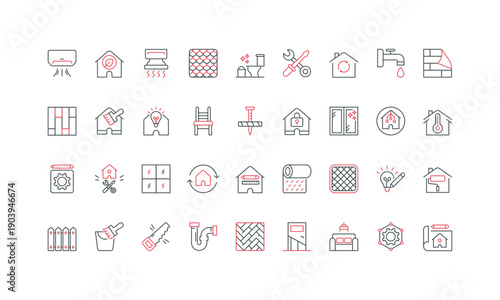 Home renovation, improvement and repair, electricity and plumbing line icon set. Kitchen hood and toilet, door and wall paint, remodeling thin black and red outline symbols vector illustration