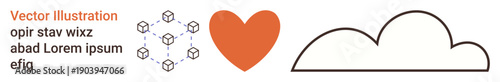 Networking, emotional connection, data storage, blockchain, digital innovation, cloud computing. Blockchain cubes, heart shape and cloud graphics. Networking and emotional connection visualization