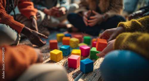 Group of people sitting in a circle playing with colorful blocks, bright editorial style