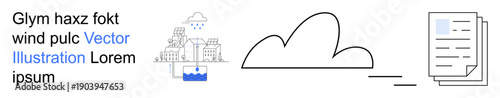 Cloud computing, data storage, document sharing, water conservation, environment, and sustainability. Minimalist cloud, papers and water recycling icon. Cloud computing and data storage ideas