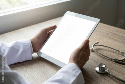 Doctor using a tablet on a wooden desk with stethoscopes