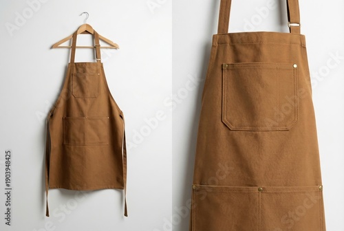 Brown canvas apron with pockets hanging on a wooden hanger