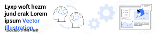 AI, data analysis, automation, research, cognitive science, technology. Two brain illustrations with rotation arrows, gear icons and data charts. AI and data analysis concept