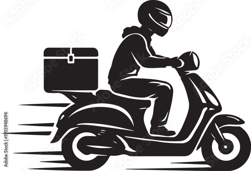 Fast delivery scooter rider silhouette vector icon with speed lines, food delivery service, courier on moped isolated on white